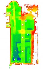 3D model výškových poměrů zdiv bazilky (Z. Marek, zpracování M. Semerád). Relikty zdiv baziliky sv. Vavřince (červeně, zčásti žlutě) a pozůstatky zdiva vnitřního jihozápadního nároží starší předrománské stavby (modře). Projekt sanace v roce 2011.