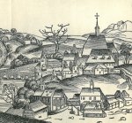 Nejstarší známý pohled na Nové Město pražské z Vyšehradu. Výřez z dřevorytu Michaela Wohlgemutha a Wilhelma Pleydenwurfa z roku 1493.