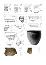 Středohradištní keramika - příklady vyspělé středohradištní keramiky z Pražského hradu (A-C; horizont PH_B1) a Staré Boleslavi (D). 