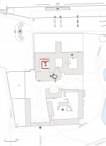 Areál Břevnovského kláštera se zakreslením nejdůležitějších archeologických nálezů. 1 – vstupní brána; 2 – kostel s černě vyznačenou raně středověkou kryptou; 3 – zdivo gotického rajského dvora a studničního stavení; 4 – oranžerie; 5 – Vojtěška; 6 – prelatura; 7 – hospodářský dvůr (podle Dragoun 2003b).