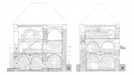 Architekt K. Hilbert zdokumentoval podobu trojpodlažního domu čp. 16 ještě před zbořením jeho horních pater. Kresba K. Hilbert, okolo 1910; (Dragoun – Škabrada – Tryml 2002).